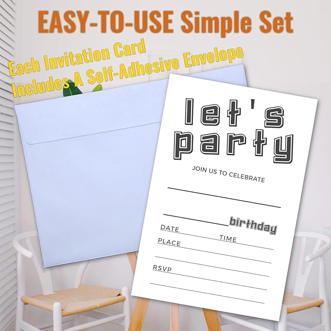 Let's Party Birthday Invitations, Simple Black and White Design Invites with Envelopes for Kids Boys Girls Teens, 25 Pcs 4x6 Inch (Black Simple)