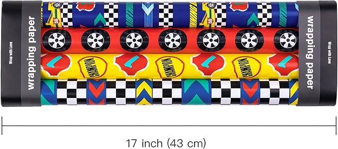WRAPAHOLIC Birthday Wrapping Paper Roll - Mini Roll - 4 Rolls - 17 Inch X 120 Inch Per Roll - Cool Racing Cars and Autodrome Print for Birthday, Party, Baby Shower Packing