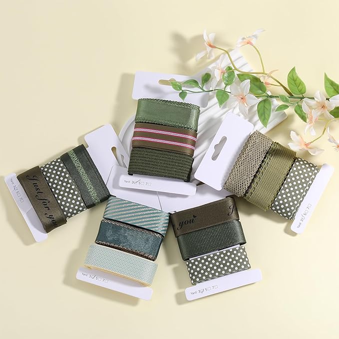 BEEFLYING 3 Styles 9 Yard Olive Green Wire Edged Ribbons Wrapping Decoration 25~28mm×2.7m Twill Ribbons for Wedding Party Decoration Hair Bows Flower Designs Sewing and Craft