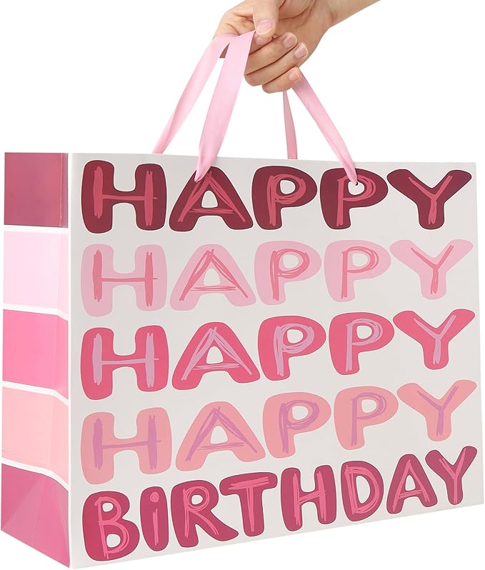 Qirrmiy 16.5" Extra Large Pink Happy Birthday Gift Bag Set with Handles, Greeting Card, Tissue Papers and Stickers for Women Girls Kids Teens, Words Design, 1 Pcs