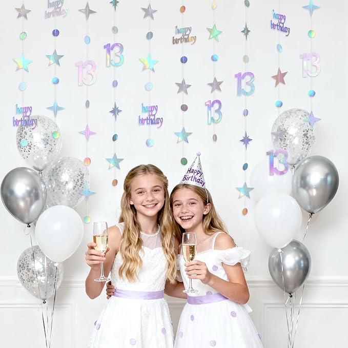 GCQQ 13th Birthday Hanging Decorations - 4 Packs Iridescent Happy 13th Birthday Banner 13 Year Old Circle Dot Twinkle Star Garland 46FT Thirteen Metallic Streamer Backdrop for Girl Boy Birth Day Party