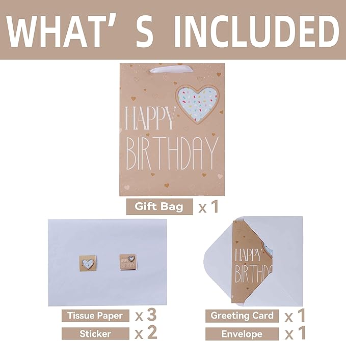 Qirrmiy 13” Large Brown Happy Birthday Gift Bag Set with Handles, Greeting Card, Green Tissue Papers and Stickers for Women Girls Men Boys Kids Teens, Heart Design, 1 Pcs.
