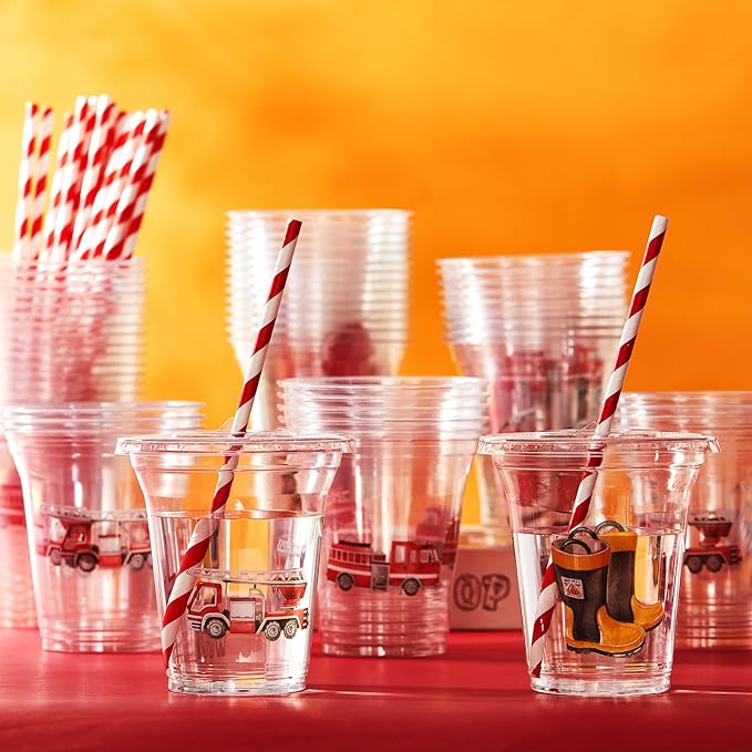 Qinyoung 60 Pcs Watercolor Fire Truck Party Cups with Lids and Paper Straws 14 oz Disposable Clear Plastic Cups for Firefighter Birthday Party Favor Supplies Decorations