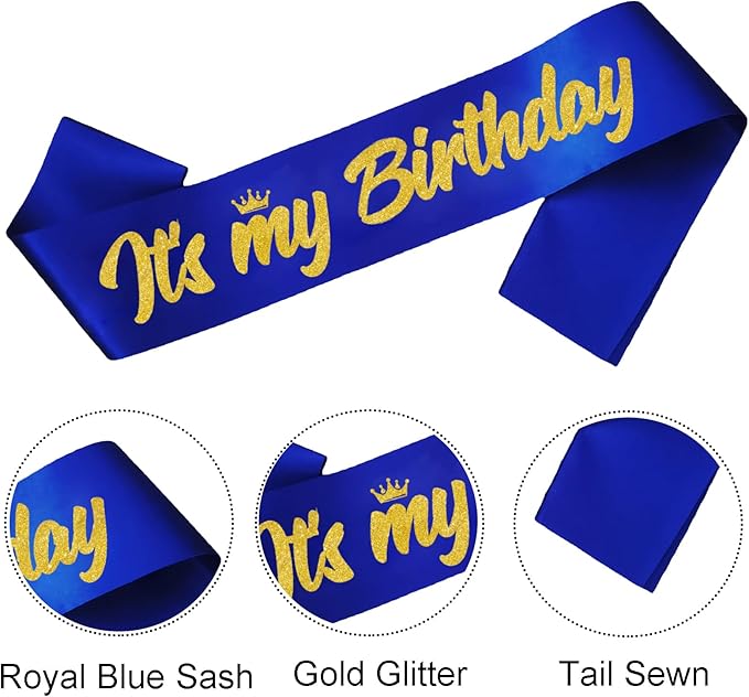 It's My Birthday Sash Royal Blue with Glitter Gold Letters Happy Birthday Sash for Men Boy Bday Gift Ideas Party Favors