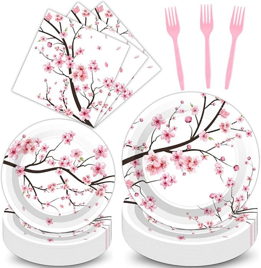 Qyeahkj 100 PCS Cherry Blossom Party Supplies Set Cherry Blossom Plates and Napkins Japanese Disposable Paper Party Tableware Forks Packs Decorations for Hibachi Spring Birthday Decoration Serve 25