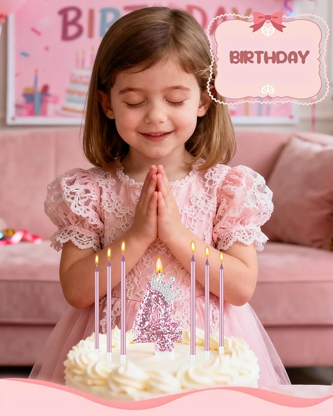 Birthday Candles for Cake, Pink Number Candles, Cake Candles with Greeting Card for Birthday Party Wedding Anniversary Celebrations (4 Candle, Silver Crown)
