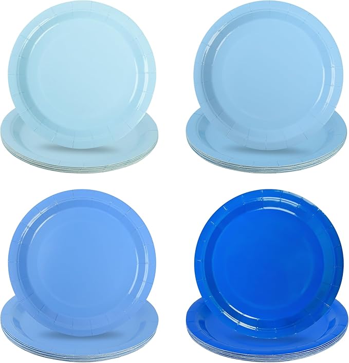 AimFun Blue Gradient Blue Party Plates 7'Disposable Round Dessert Plates for Birthday Wedding Bridal Engagement Baby Shower Party Supplies 48