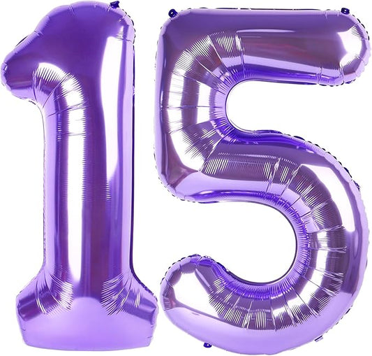 Balloon 15 Number, 40 Inch 15th Birthday Decorations for 1 5 15 51, Purple Big Foil Number Balloons for Wedding Store Anniversary Party Supplies
