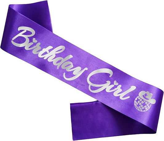 Birthday Girl Sash, Disco Cow Birthday Sash for Cowgirl Funny Birthday Gift Ideas Suppiles, Purple+ Silver Foil