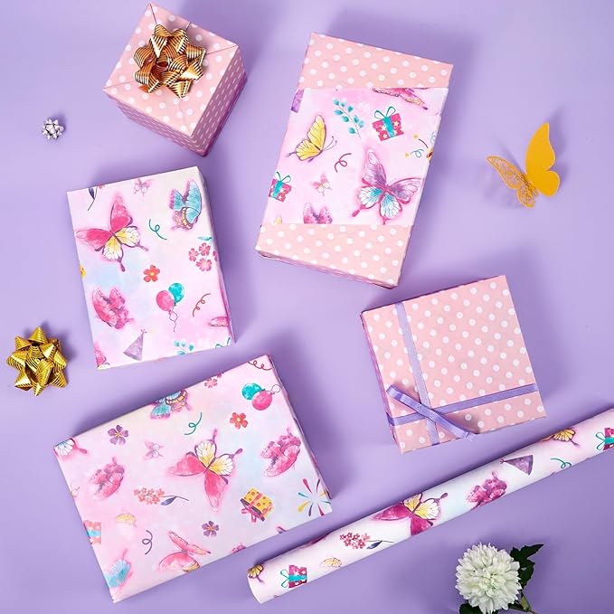 WERNNSAI Butterfly Wrapping Paper Roll - 1 Roll 17” x 33 ft Butterfly Fairy Wrapping Paper Pink Purple Flower Gift Packing for Kids Girls Birthday Baby Shower Bridal Shower Decor Reversible Polka Dot