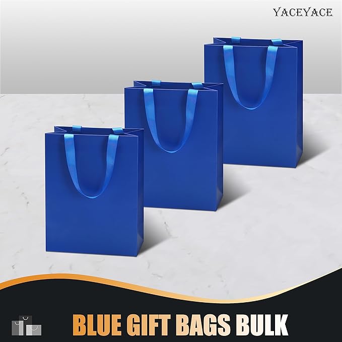 Blue Gift Bags, 10Pcs, 8x4.25x10.5 Inch, Medium Blue Paper Gift Bags with Ribbon Handles, Multi-purpose, Wedding, Birthday, Party, etc.