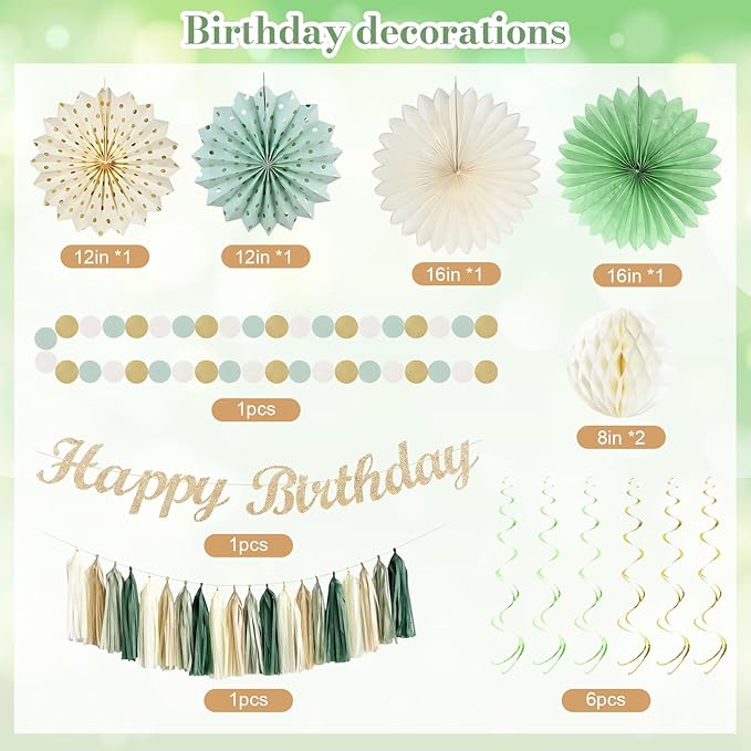 48 Pcs Sage Green Birthday Decorations for Women Girls, Happy Birthday Banner, Cream Neutral Balloons, Tassel Garland, Peach Paper Lanterns, Tissue Pom Poms Fan, Rustic Backdrop Decor