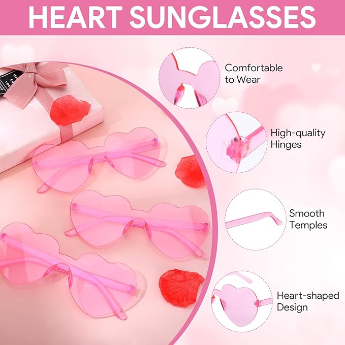 20 Pairs Heart Sunglasses, Heart Shaped Sunglasses Fun Rimless Pink Accessories for Women, Bachelorette Party Favors