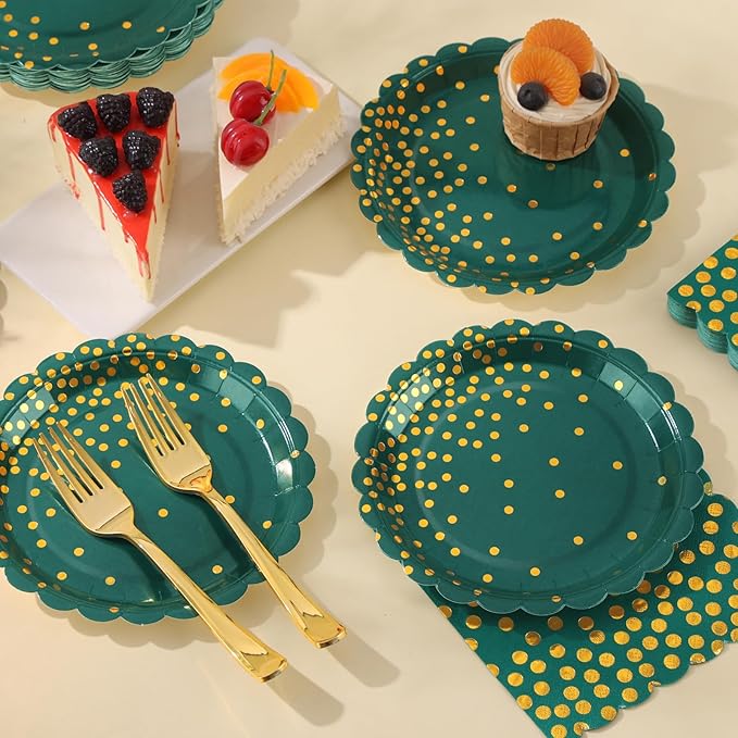105PCS Green Plates and Napkins Party Supplies, Green and Gold Birthday Party Decorations, 7??Dessert Paper Plates for Wedding Baby Shower Graduation Decorations, Serves 35