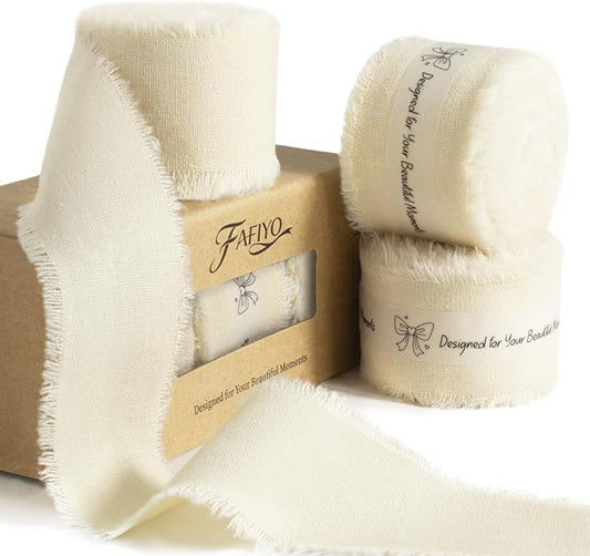 Ivory Cotton Ribbon 1-1/2 Inch Ivory 3 Rolls 21 Yards Frayed Edge Fabric Set for Wedding Invitations, Bridal Shower, Anniversary Celebration, Elegant Event Decor & Gift Wrapping