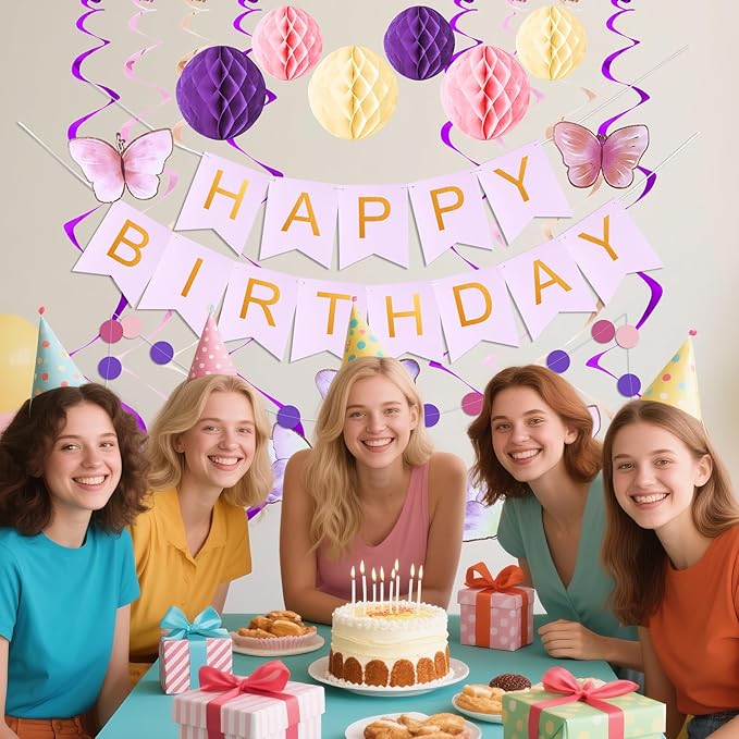 Happy Birthday Banner with Honeycomb Balls, Butterfly Hanging Swirl Streamers, Circle Dots Garland, Happy Birthday Party Decorations for Women Girls