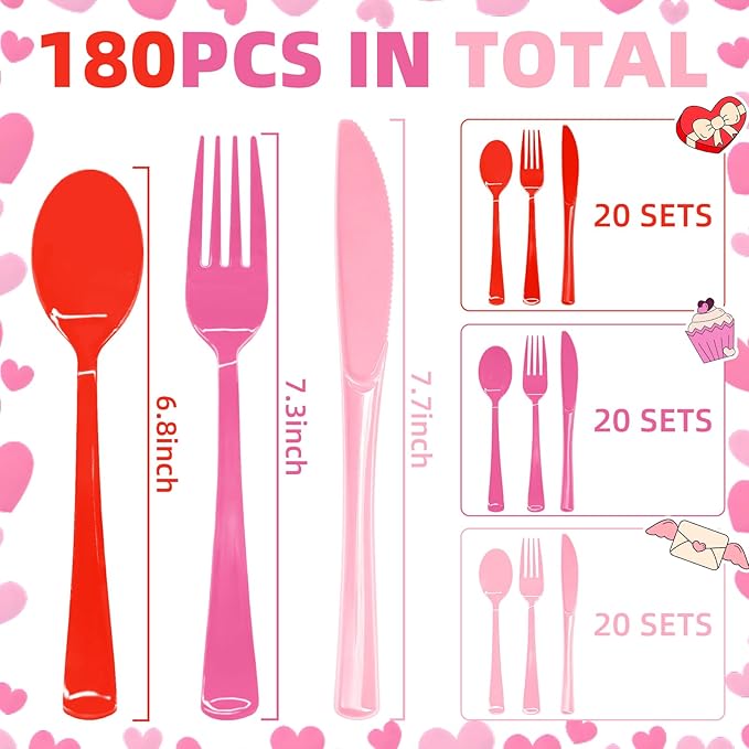 153 Pcs Valentine's Day Plastic Silverware Heavy Duty Disposable Tableware Sets Includes Spoons Forks Knives for Valentine's Day Party Decorations (Pink, Hot Pink, Red)