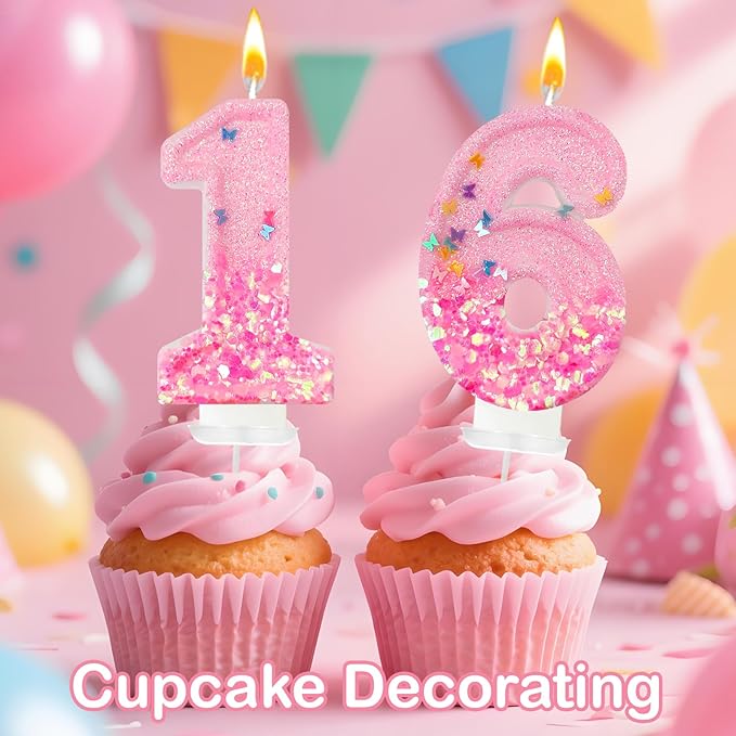 Pink Sequin Birthday Candles, Cake Number Candles, Girls 0th Birthday Decorations, Suitable for Birthday Parties, Anniversary Party Decorations(16)