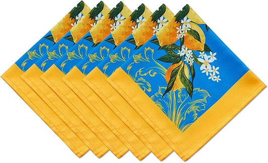 YiHomer Provence Blue Lemon Mediterranean Tile Tabletop for Spring Summer Decorations, Picnics and Dinner Parties - Indoor Outdoor, Stain and Water Resistant, Napkin Set, 20 x 20