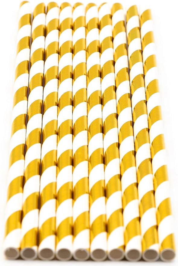 Pack of 150 Gold Foil Swirls Biodegradable 4-Ply Paper Drinking Straws (Compostable, Non-toxic, BPA-free)