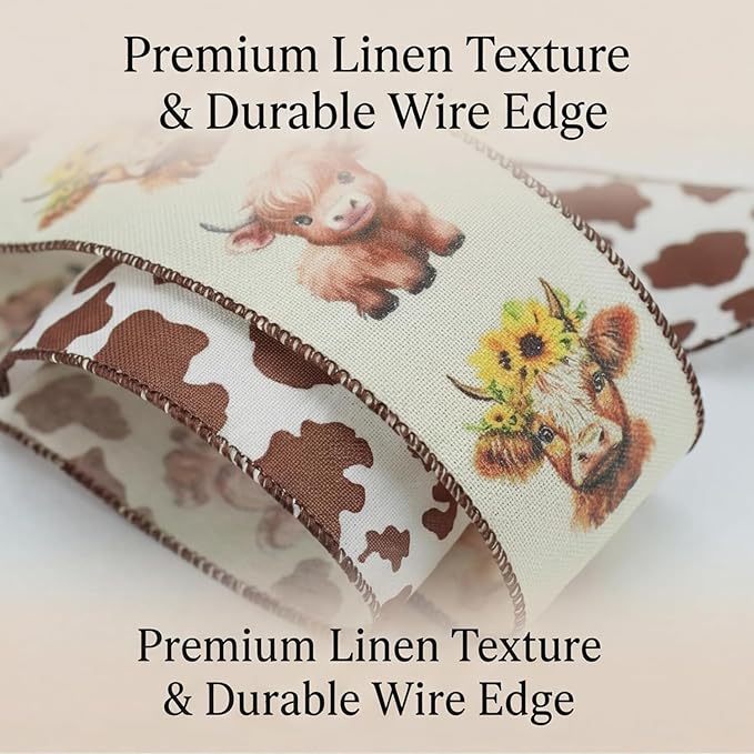 Summer Fall Highland Cow Print Ribbons Wired Edge, 4Rolls, 2.5inch X 20Yards, Brown and Dots Gift Wrapping Ribbons, Home Decor, DIY Crafts, Party Favor, Floral Arrangement Wreath Bow (Brown)