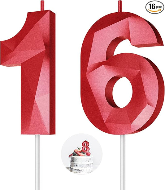 Number Birthday Candles(16 Candle Red) 3D Diamond Shape Number Happy Birthday Cake Candles for Birthday Party Wedding Decoration Reunions Theme Party