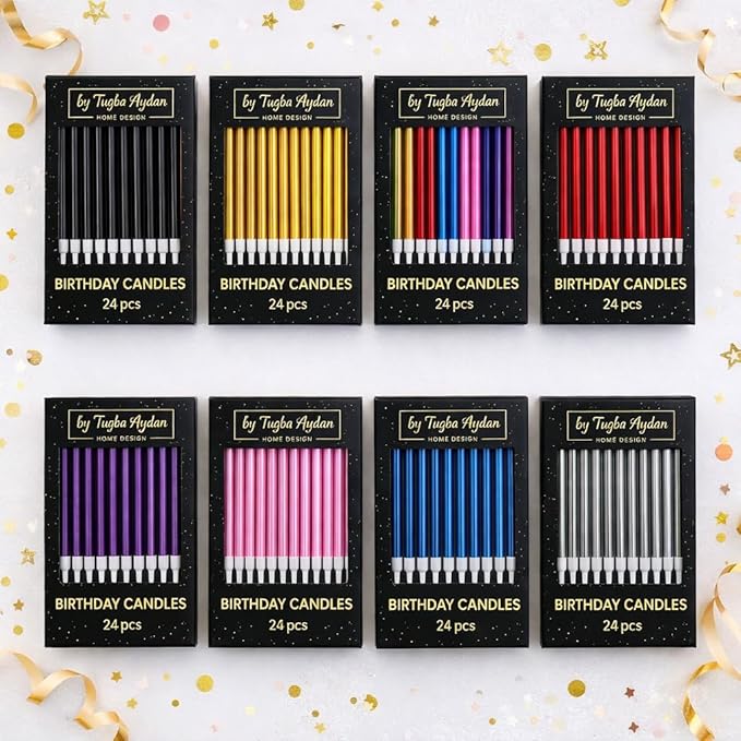 by Tugba Aydan - Blue Birthday Candles - 24 Count Long Thin Blue Birthday Candles, Metallic Cake Candle for Birthday, Party Candles