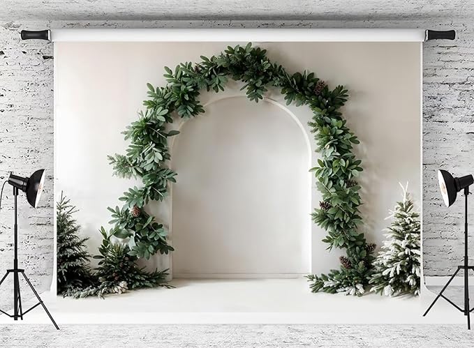 Kate Christmas Arch Door Backdrop Christmas Trees White Wall Background Dark Green Plant Photo Background Studio Props,8x6ft