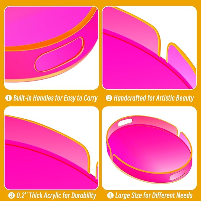 Acrylic Serving Tray with Handles Large Decorative Ottoman Tray 17x13'' Round for Bathroom Food Coffee Fruit Snack Tea Dinner Living Room, Neon Pink