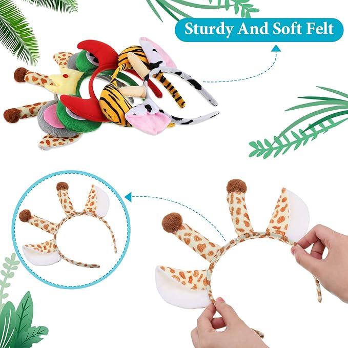 28 Pieces Safari Animal Headbands with Ears, Horns, and Hoops - Jungle Theme Birthday Photo Props for Kids and Adults