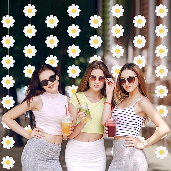 Pasimy 8 Pcs Daisy Boho Party Decorations Groovy Daisy Paper Garlands White Flower Hanging Garland Banner Hippie Flower Cutouts for Birthday Shower Wedding Party Favor Supplies(Fresh,White)