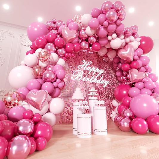 Pink Balloons Garland Arch Kit - 161Pcs Different Size Hot Pink Metallic Pink Shades of Pink and Pink Heart Balloons for Girl Birthday Baby Shower Princess Valentine's Day Party Decorations