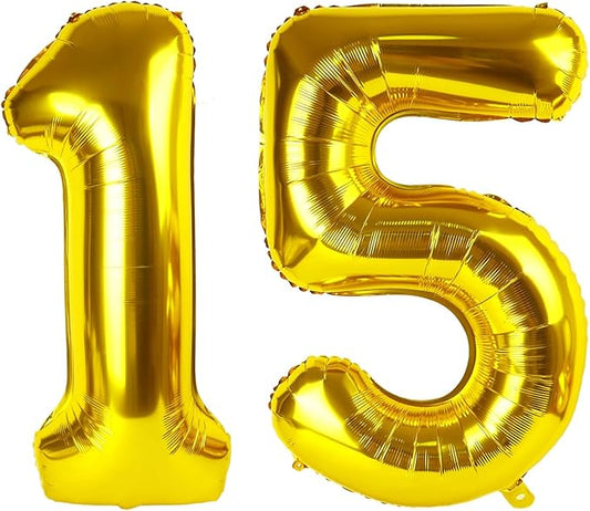 15 Balloons Number, 40 Inch 15th Birthday Decorations for 1 5 15 51, Gold Big Foil Number Balloons for Wedding Store Anniversary Party Supplies