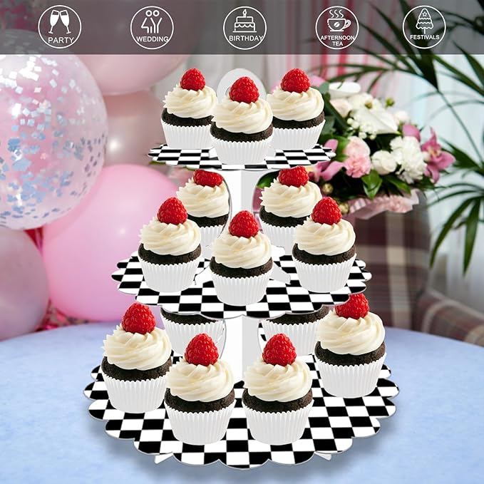 Racing Cupcake Stand 2-Pack - 3-Tier Black White Checkered Dessert Tower for Car Birthday Party, Race Theme Decorations, Baby Shower, Graduation Party, Easy 60s Assembly