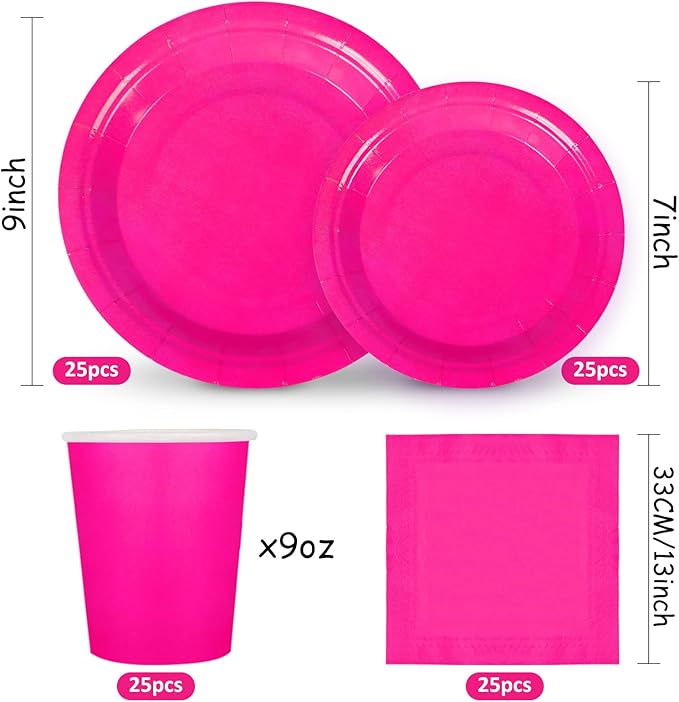 Whaline 100Pcs Hot Pink Pa rty Supplies Set Disposable Party Dinnerware Sets 50Pcs Paper Plates 25Pcs Napkin 25Pcs Cups for Wedding Birthday Party Supplies Table Decorations