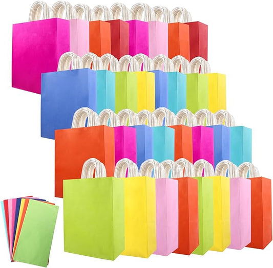 Mstar Pack 32Pcs Medium Kraft Paper Gift Bags with 8-Color Tissues, 8.26"×10.6"×4.3" Bulk Party Favor Bags with Handles - Fits Candies, Toys, Small Gifts for Kids Birthday, Baby Shower, Wedding, DIY Crafts