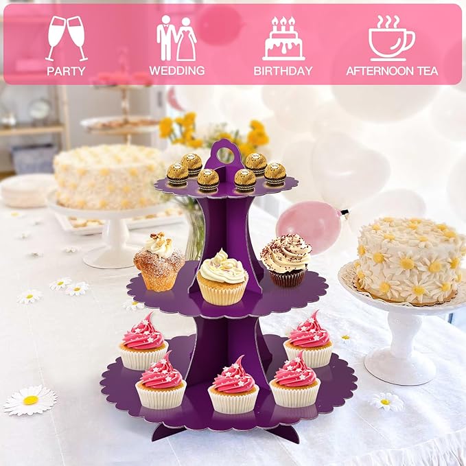 Soleebee 3-Tier Cupcake Stand, Cardboard Cupcake Tower, Dessert Cup Cake Stand Tower for Birthday Wedding Party Decoration, Cupcake Tier Stand 2 Set (Purple)