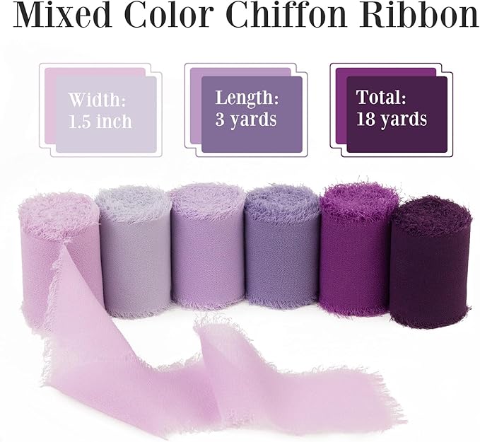 Purple Chiffon Ribbon - 1.5 Inch x 3 Yds - Lilac/Lavender/Dark Purple/Violet/Plum - Handmade Frayed Chiffon Ribbon for Wedding Invitation, Flower Bouquets, Gift Wrapping, Bridal Shower