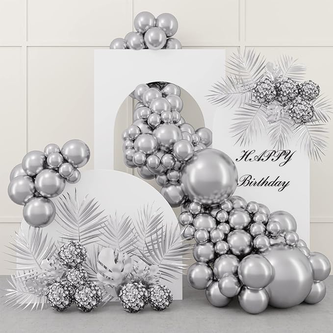 RUBFAC 87pcs Silver Balloons Latex Balloons Different Sizes 18 12 10 5 Inch Metallic Silver Chrome Party Balloon Kit for Birthday Party Graduation Baby Shower Wedding Holiday Balloon Decoration