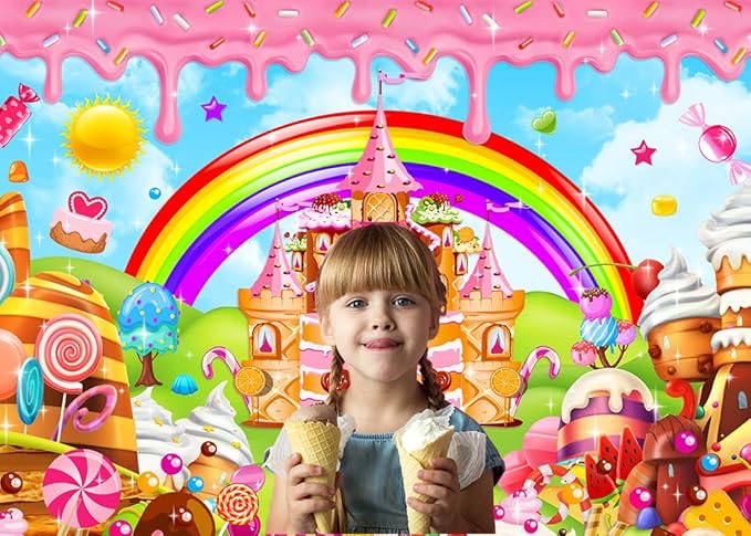 Mocsicka Candyland Backdrop Sweet Cartoon Rainbow for Kids Baby Shower Birthday Candyland Party Decorations Donut Candy Castle Ice Cream 1st Birthday Photography Background (Rainbow, 10x8ft(120"x96"))