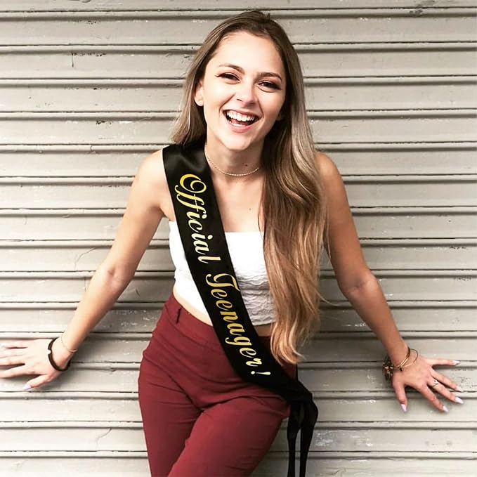 Gold Foil 'Official Teenager' Black Birthday Sash for Boy, 13th Birthday Sash for Bday Party Decorations Gifts Favors