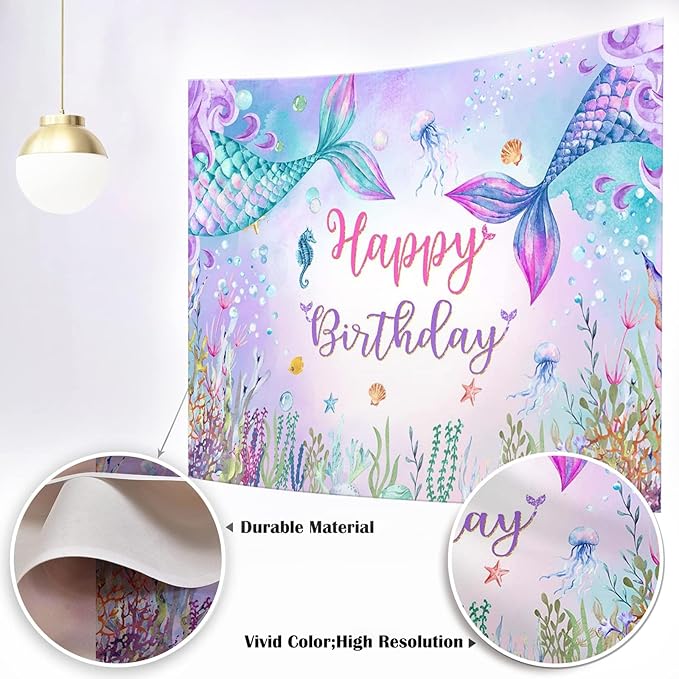 Mocsicka Mermaid Birthday Backdrop Under The Sea Birthday Party Decoration for Girl Blue Purple Mermaid Tails Photography Background (10x7ft(120x82 inch))
