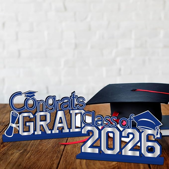 4Pcs Blue and Silver Graduation Decorations 2026 Congrats Grad Wooden Table Centerpieces Graduation Table Decorations for Class of 2026 Decorations