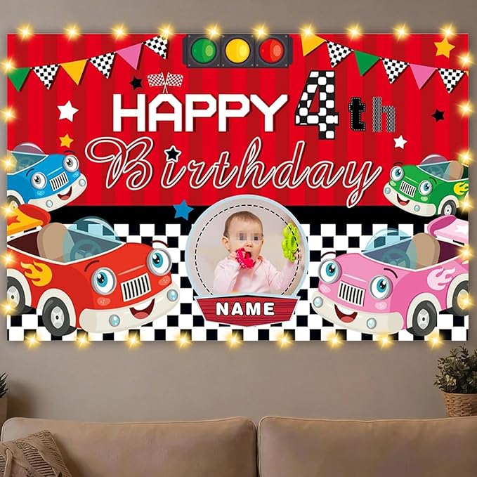 Dicodes Custom Car Theme Birthday Decorations Banner - Personalized Fabric Banner for Birthday Party Supplies