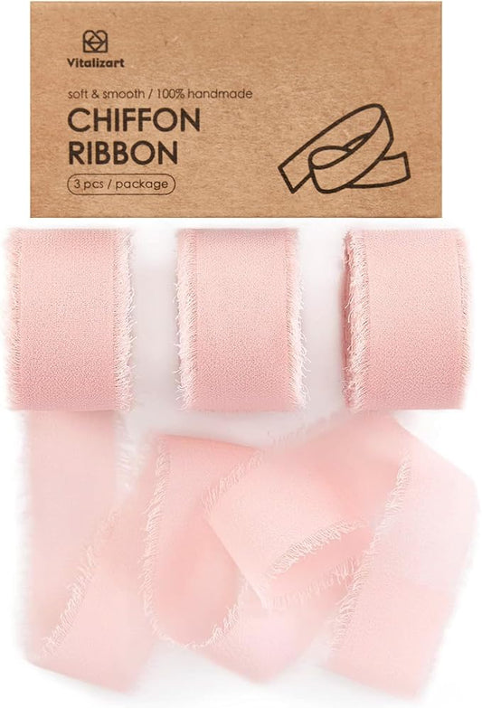 Vitalizart Blush Pink Chiffon Silk Ribbon 1" x 21 Yd Fringe Fabric Package (3 Rolls * 7 Yd) for Wedding Invitations Bridal Bouquets Decorations Gifts Wrapping & Bow Making Light Pink