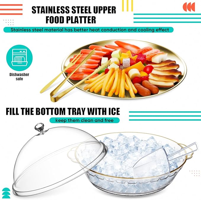 Baderke 11.8" Chilled Serving Tray for Parties with Compartments and lid Ice Chilled Party Platter Charcuterie Serving Board Cold Dish Dip for Fruit Seafood Vegetable Shrimp Cocktail (Gold,2 Pcs)