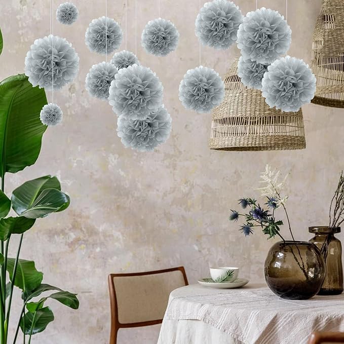 20 PCS Grey Tissue Paper Pom Poms, Tissue Pom Poms Flowers, Sizes of 6", 10", 12", 14" Hanging Paper Flower Ball for Wedding, Birthday, Halloween, Christmas, Baby Shower Party Decor