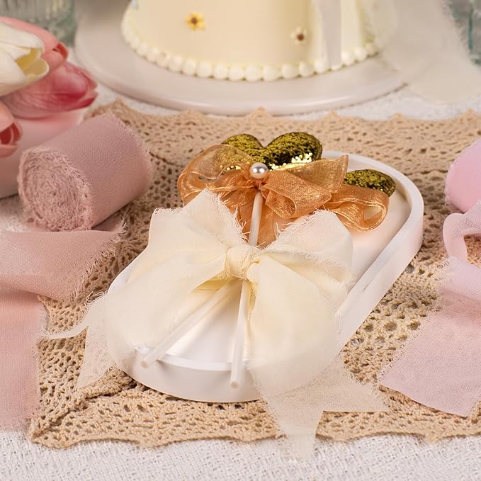 Chiffon Ribbon, Ivory White Pastel Pink Silk Ribbon, Engagement Wedding Shower Party Decorations, 1-1/2''x21Yd Handmade Frayed Fringe Ribbon for Wrapping, Floral Vase, Invitation Card, 3 Rolls