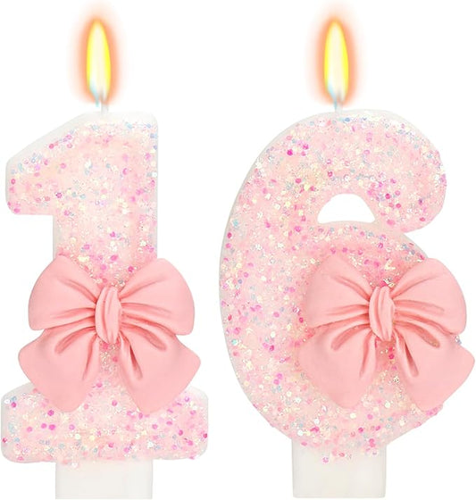 Birthday Candle for Cake, Pink Bow Number Cake Candles, 2.76 inch Number Happy Birthday Candle, Cake Topper Decoration for Birthday Party (Number 16)