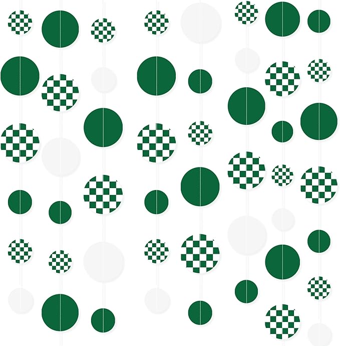 Green Party Decorations White Green Checkered Circle Dots Streamer Hanging Paper Polka Dot Garland for Birthday Wedding Baby Shower Bachelorette Christmas Dinosaur Arbor Day Picnic Golf Party Supplies
